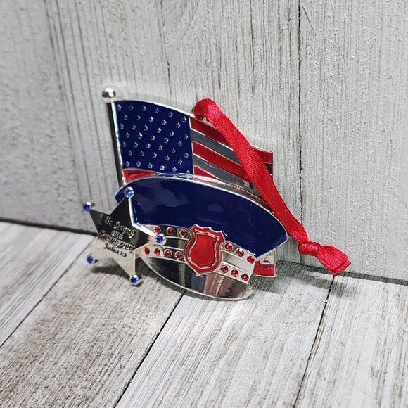 America's Flag and Cap " Be Strong and Courageous " Ornament Silver Metal - Picture 2 of 7